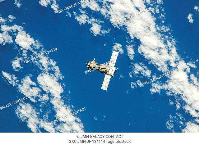 The Soyuz TMA-08M spacecraft departs from the International Space Station's Poisk Mini-Research Module 2 (MRM2) and heads toward a landing in a remote area near...