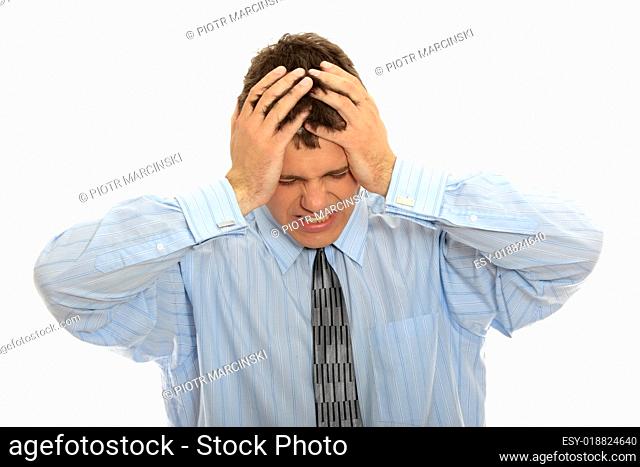 Businessman with a big headache (isolated on with with copy space)