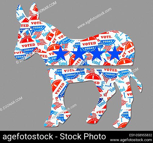 Many voting stickers given to US voters in Presidential election formed in the shape a donkey for Democrat party