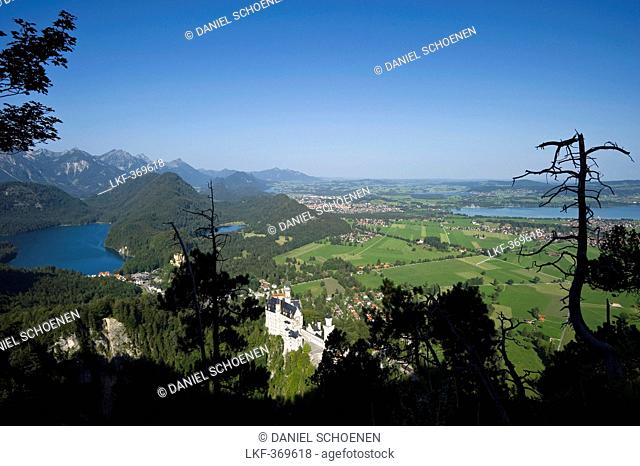 View to Neuschwanstein Castle and Hohenschwangau Castle, Schwangau near Fuessen, Allgaeu, Bavaria, Germany