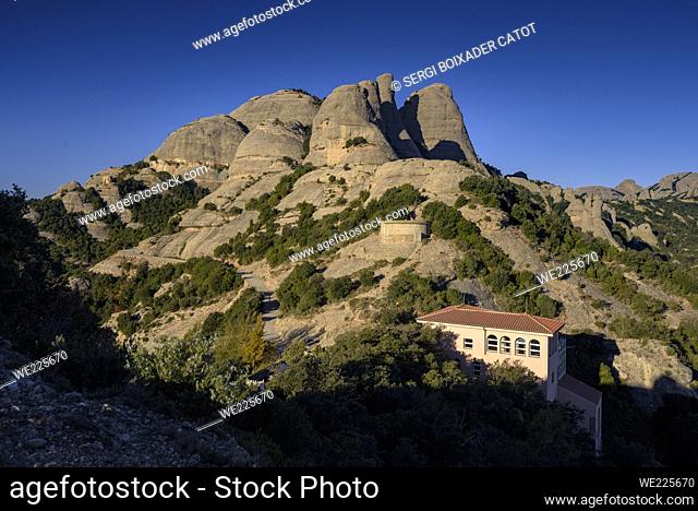 View of the rocks of Gorres (caps) and Magdalenes (muffins), seen from the upper station of the Sant Joan funicular (Montserrat, Barcelona, Catalonia, Spain)