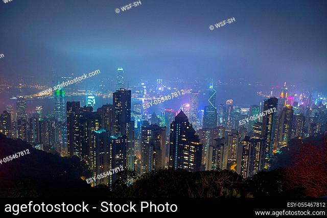skyline, illuminated, hong kong