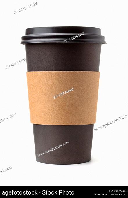 Front view of black take away coffee cup isolated on white