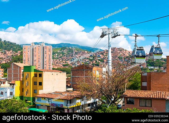 Medellin January 2018 This is the district of San Javier, north of Medellin, connected to the city by the metro cable allowing the inhabitants to reach the city...
