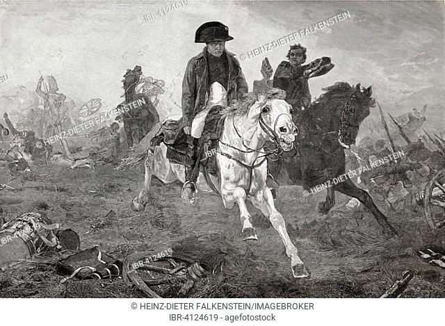 Napoleon Bonaparte I at the Battle of Waterloo, or Battle of Belle-Alliance 18th June 1815, German wars of liberation, after Georg Bleibtreu, woodcut