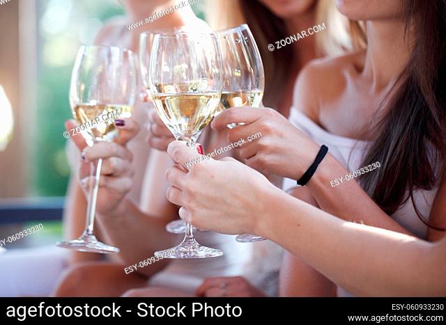 Female friends toasting white wine sitting outdoors