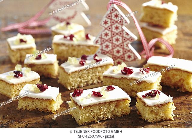 Ginger slices with icing and candied fruit