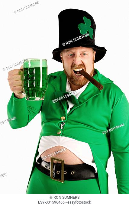 Leprechaun hoisting a green beer