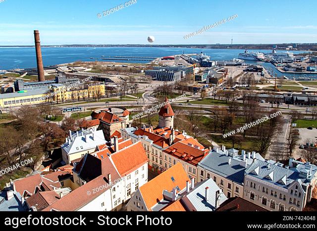 TALLINN, ESTONIA - APRIL 25, 2015 : Top view of industrial zone and marina of Tallinn, on blue sky background