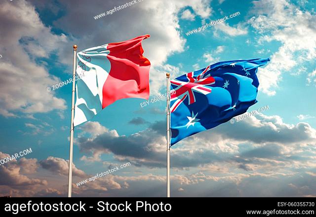 Beautiful national state flags of Malta and Australia together at the sky background. 3D artwork concept