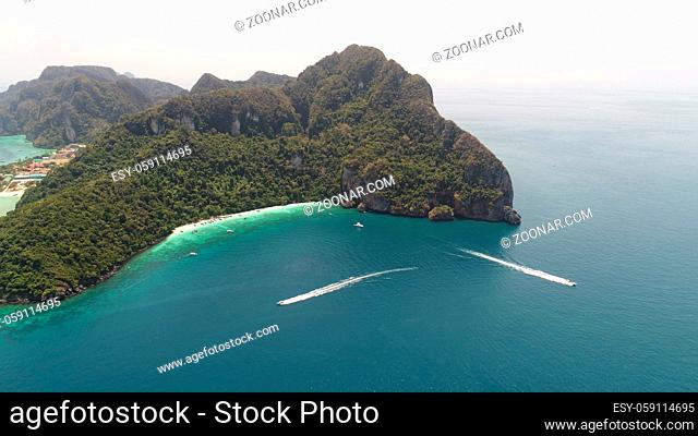 Aerial drone photo of Yong Kasem Bay (called Monkey beach), part of iconic tropical Phi Phi island, Thailand