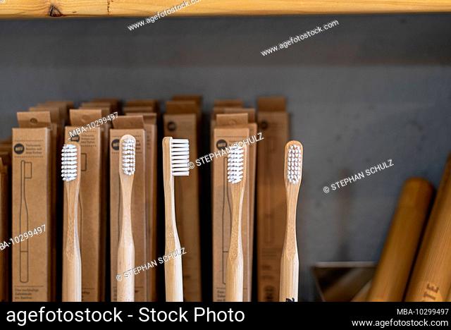 View of toothbrushes in an unwrapped shop