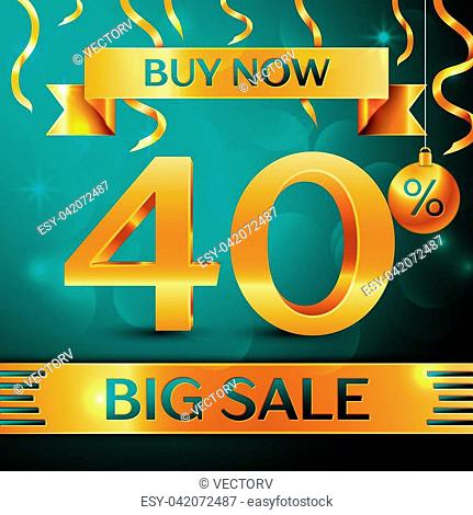 Realistic banner Merry Christmas with text Gold Big Sale buy now forty percent for discount on green background. Confetti, christmas ball and gold ribbon