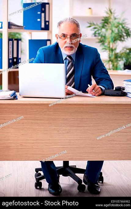 Senior male bookkeeper unhappy with excessive work at workplace