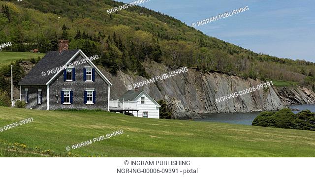 Houses at coast, Meat Cove, Cape North, Cape Breton Island, Nova Scotia, Canada