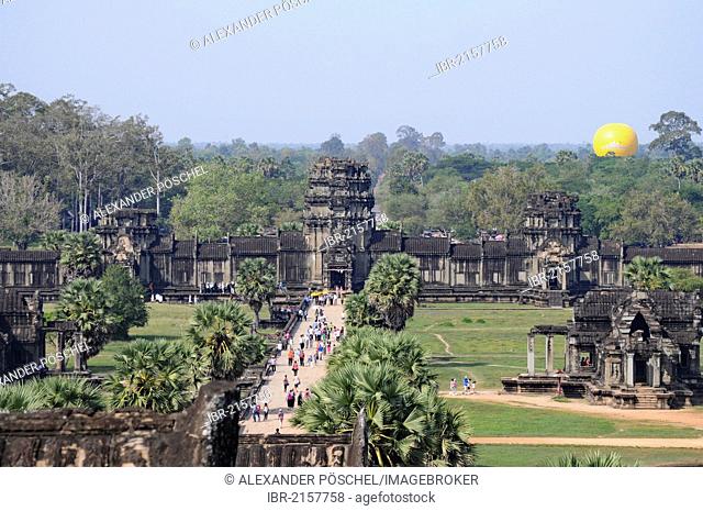 Western entrance, view from the top level, Temple Mount, Angkor Wat, Siem Reap, Cambodia, Southeast Asia