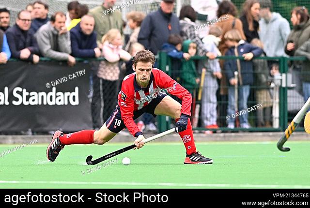 Leopold's Jean-Baptiste Forgues pictured in action during a hockey game between Royal Racing Club and Royal Leopold Club, Sunday 13 March 2022 in Brussels