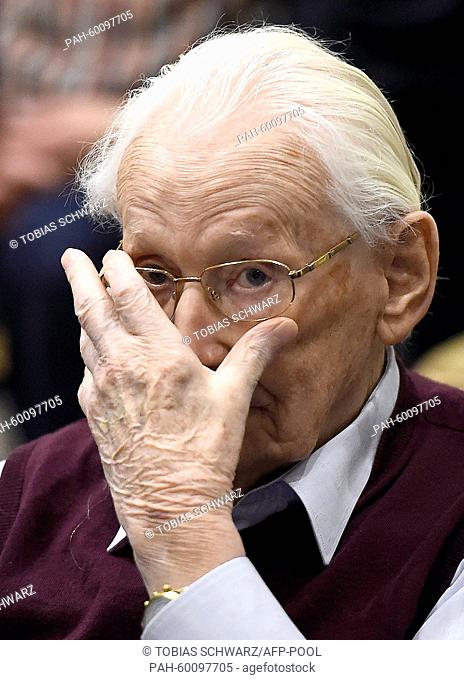 Defendant Oskar Groening waits for the verdict of his trial on July 15, 2015 at court in Lueneburg, northern Germany. Groening
