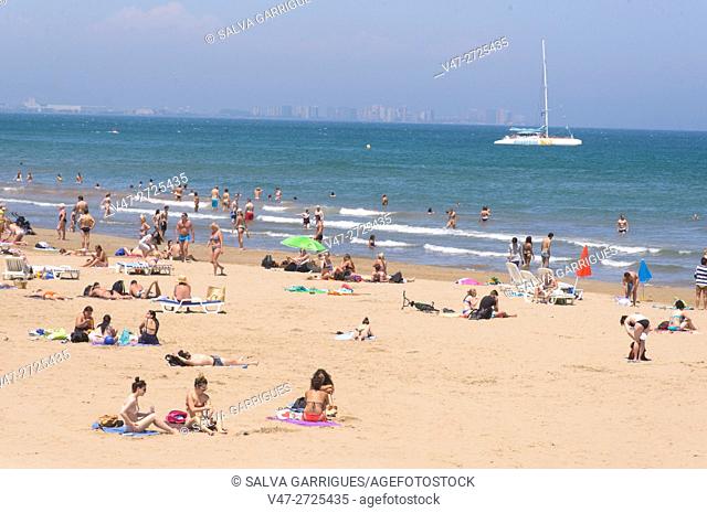 Vacationers enjoy the beach Malvarrosa, Valencia, Spain, Europe