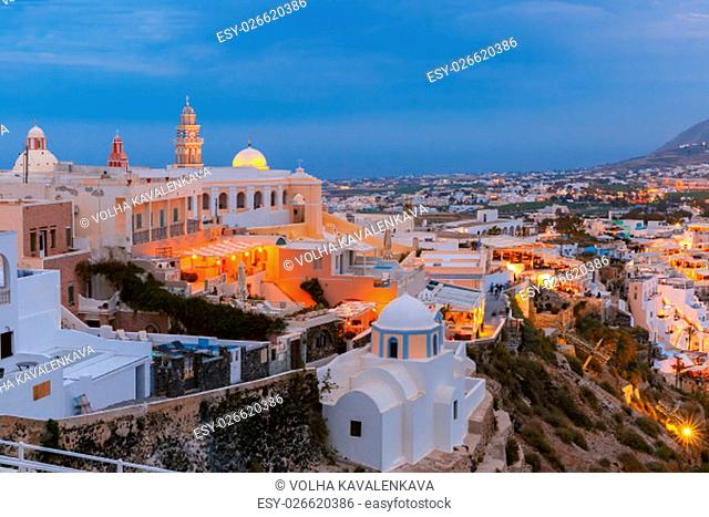 St. Gerasimos Christian Church of Fira, modern capital of the Greek Aegean island, Santorini, during twilight blue hour, Greece