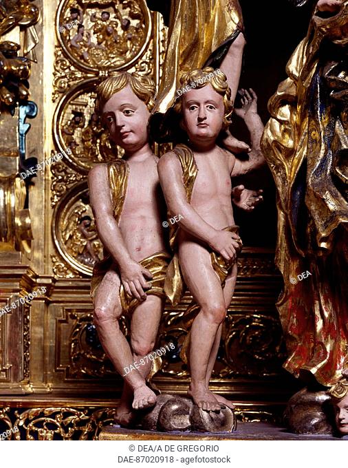 Detail from a group of wooden statues of the Madonna and Child, San Lorenzo parish church, Antronapiana, Antrona Schieranco. Italy, 17th century
