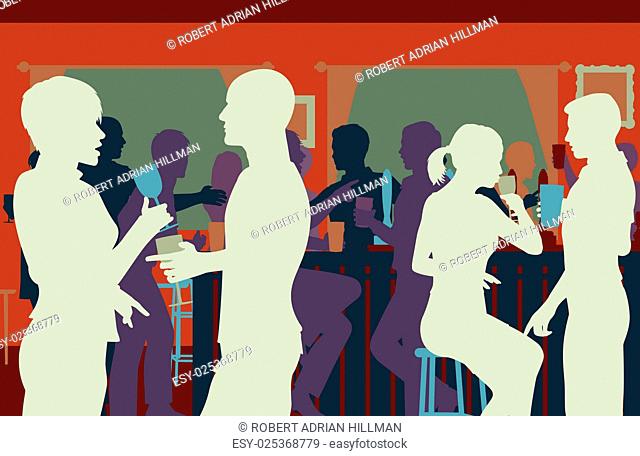 EPS8 editable vector cutout illustration of people drinking in a busy bar