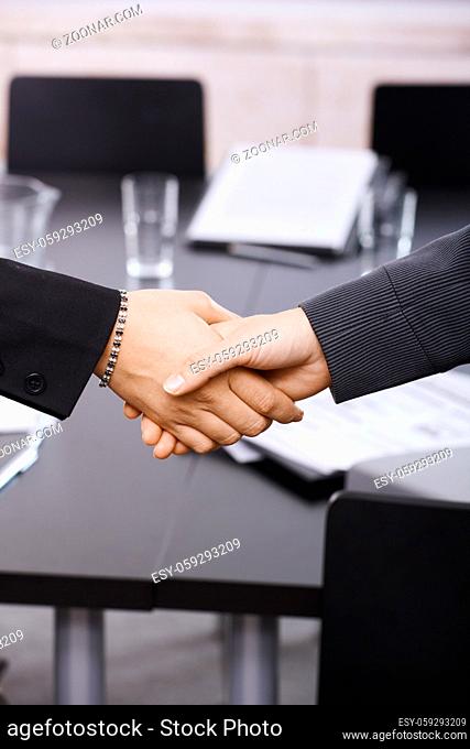 Closeup of hands. Businesswomen shaking hands over table, in office meeting room