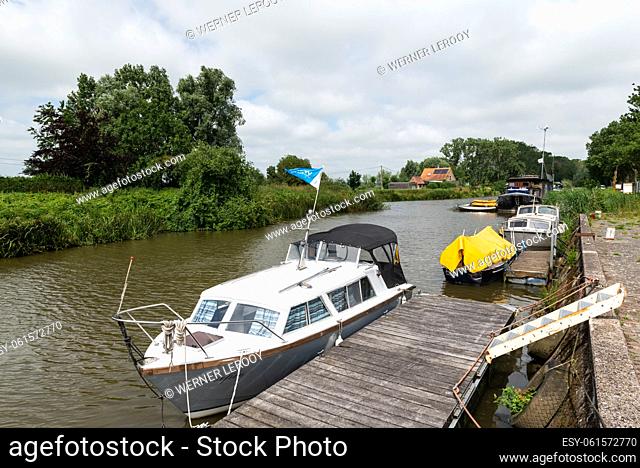 Ieper, West Flanders region - Belgium. Recreation vessels at the Ieper Ijzer canal