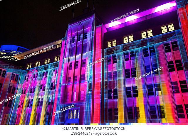 Facade of the Museum of Contemporary Art at Circular Quay lights up during Vivid Sydney 2015
