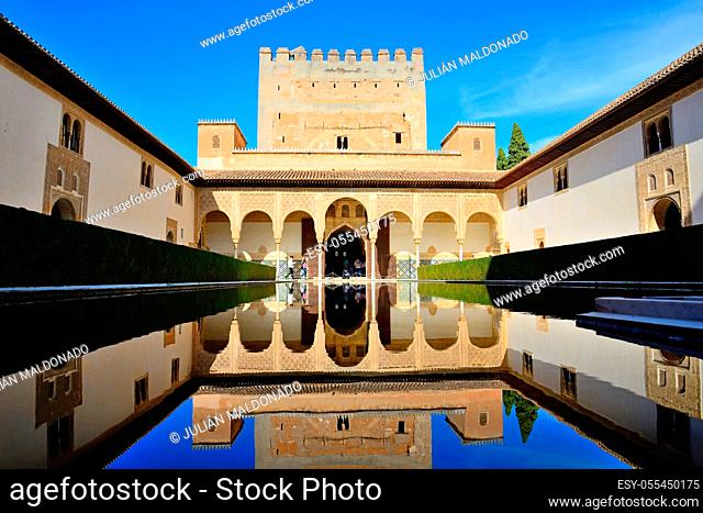 Granada, Spain - February 20, 2020: Palace of the Nasrids and courtyard of the Arrayanes of the Alhambra in Granada, Spain