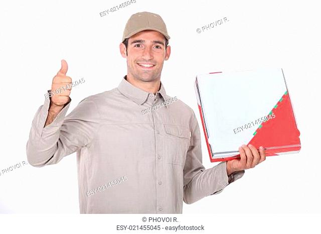 a delivery man holding a packet and doing thumbs up