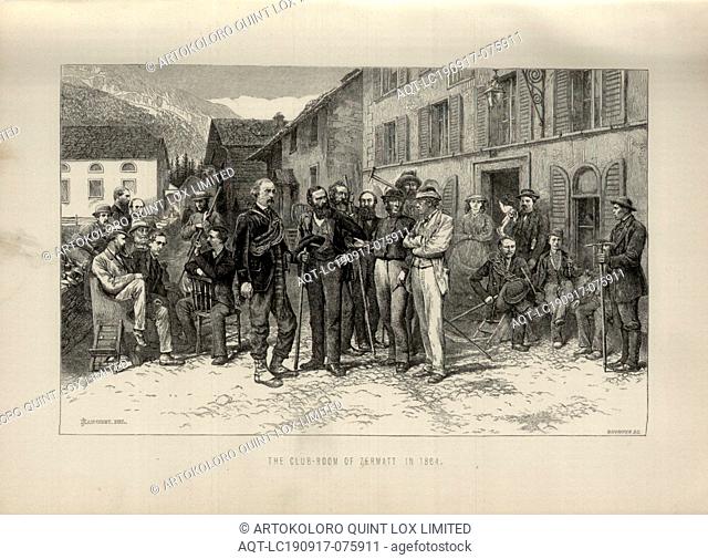 The club-room of Zermatt in 1864, Portrait of mountaineers and mountain guides in front of the Hotel Monte Rosa in Zermatt, Signed: Mahoney, Whymper