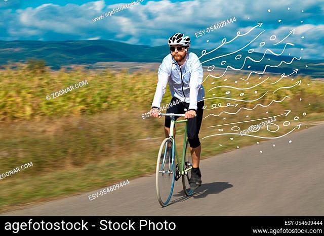 Fashion person riding bicycle in the nature with doodle concept