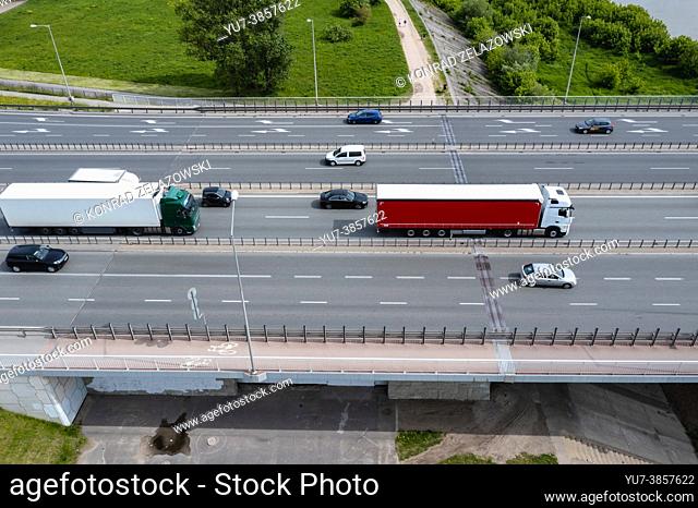 Traffic on General Stefan Grot Rowecki Bridge over the Vistula River in Warsaw, Poland