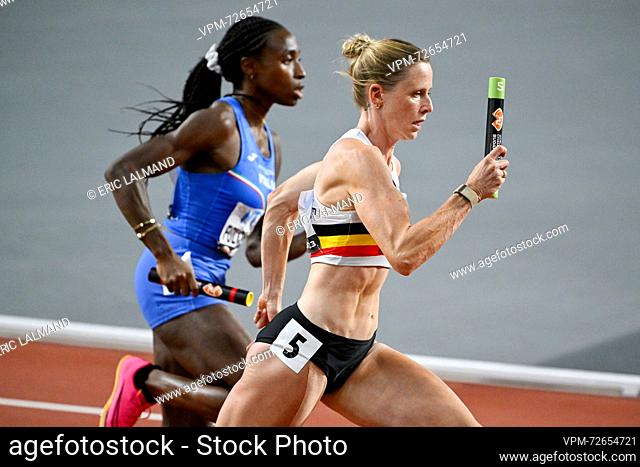 Belgian Imke Vervaet pictured in action during the 4x400m Women Relay heats at the World Athletics Championships in Budapest, Hungary on Saturday 26 August 2023