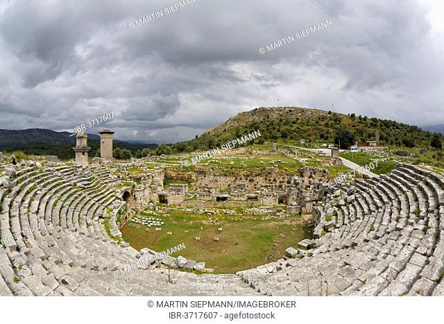 Ancient city of Xanthos, Roman theatre with pillar tomb and harpy tomb, Xanthos, Mediterranean Region, Turkey