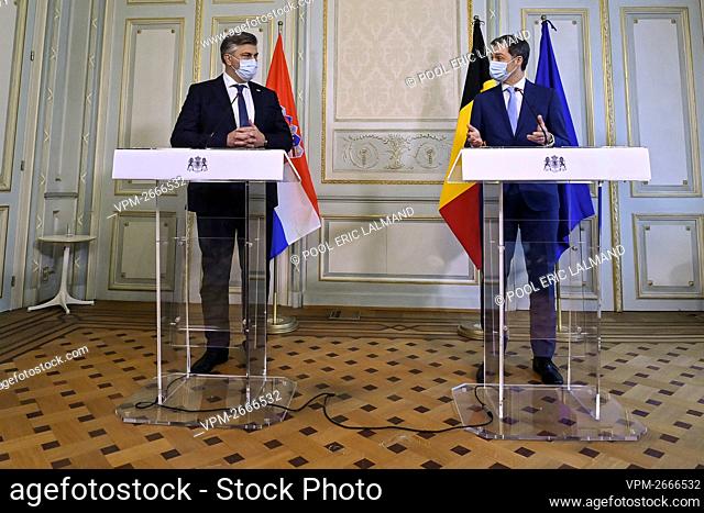 Croatia Prime Minister Andrej Plenkovic and Prime Minister Alexander De Croo pictured at a joint press conference after a meeting between the Belgian and...