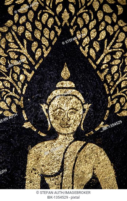 Theravada Buddhism, ancient gold Buddha mural, meditation, in the temple of Wat Xieng Thong, Luang Prabang province, Laos, Southeast Asia, Asia