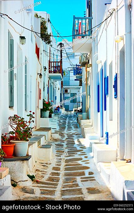 Typical street in Chora town in Mykonos island. Greece, Greek architecture, cityscape