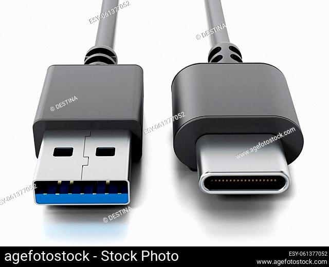 USB type C and USB 3.0 format cables isolated on white background. 3D illustration