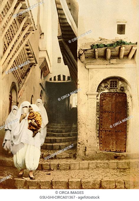 Veiled Women with Child, Street of the Camels, Algiers, Algeria, Photochrome Print, circa 1900