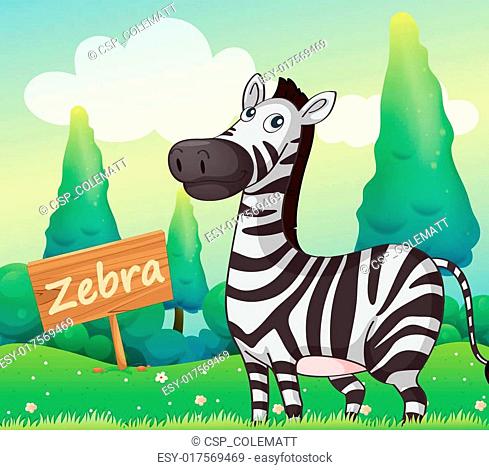 A zebra beside a signboard