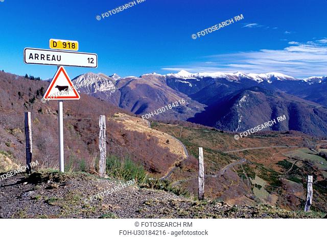cattle crossing, France, The Pyrenees, Col d'Aspin, Midi-Pyrenees, Hautes-Pyrenees, Europe, A cattle crossing sign on the summit of the scenic Pyrenees...