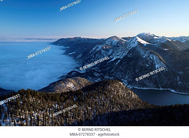 View from Herzogstand to Jochberg in winter, Bavarian Alps, Upper Bavaria, Bavaria, Germany