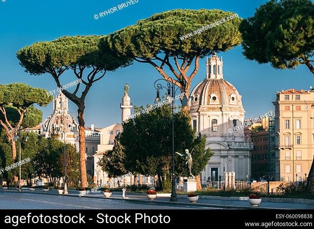 Rome, Italy. Via Dei Fori Imperiali Street In Sunny Summer Morning. View On Church Of Most Holy Name Of Mary