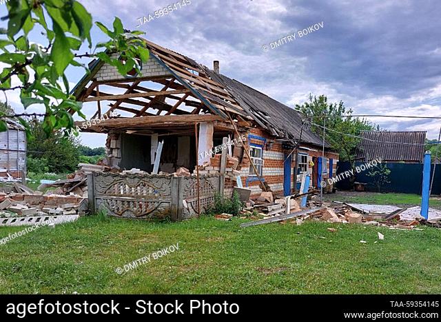 RUSSIA, BELGOROD REGION - MAY 24, 2023: A house has been destroyed in the village of Glotovo during the May 23 cross-border attack by a Ukrainian sabotage and...
