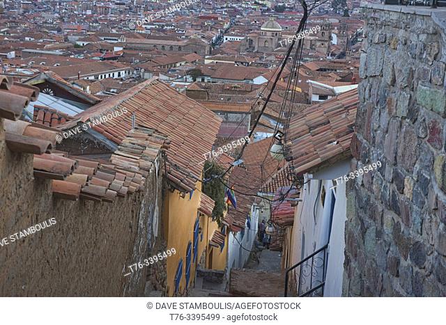 Red-tiled roofs and colonial architecture in the UNESCO World Heritage City of Cusco, Peru