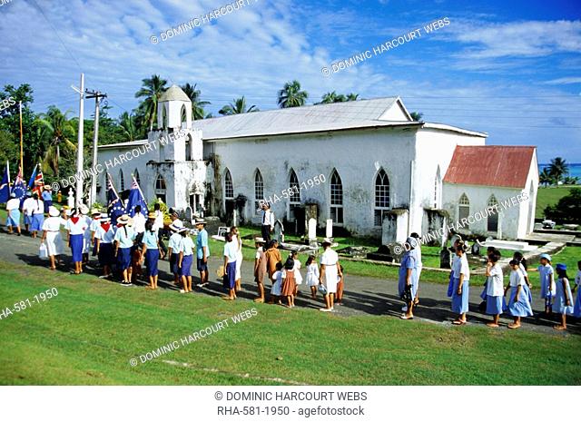 Sunday procession arriving at church for service, Aitutaki, Cook Islands, Polynesia, South Pacific Islands, Pacific