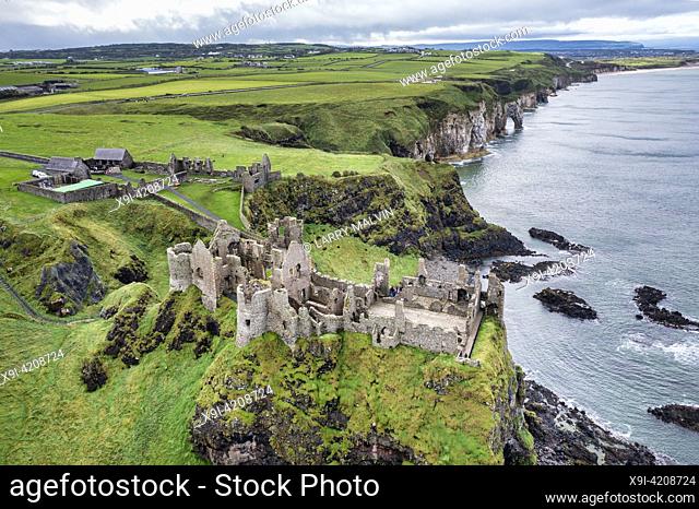 Aerial view of Dunluce Castle, a medieval castle in Northern Ireland
