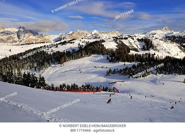 Panoramic view from Col Alto Hotel across valley to Mt Piz Boe, Sella Mountain Range, Alta Badia, South Tyrol, Italy, Europe